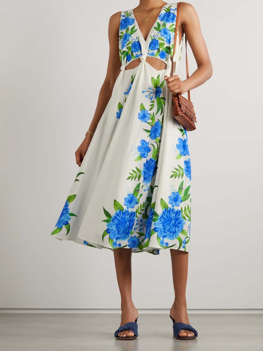 Farm Rio Cutout Floral-Print Linen-Blend Midi Dress